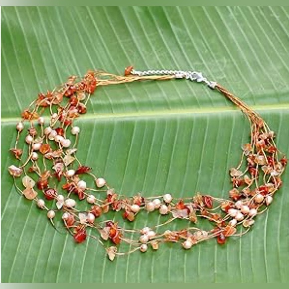 NWT Handmade Cultured Freshwater Pearl Carnelian Beaded Necklace